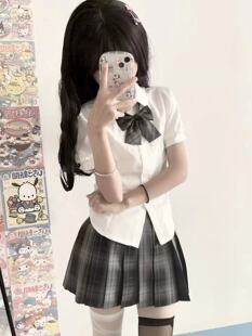 收腰衬衫 显瘦修身 短袖 纯欲风日系学院风衬衣女jk制服裙套装 泡泡袖
