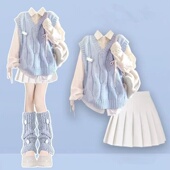 2025春秋新款 白色百褶裙三件套 多巴胺学院风穿搭马甲女 抽绳衬衫