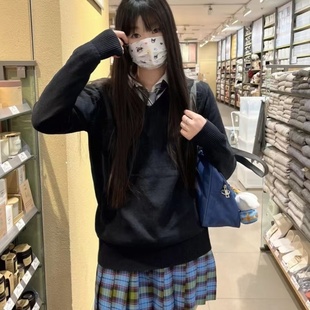 原创v领毛衣长袖 学院风日系纯色jk制服秋冬季 学生宽松套头针织衫