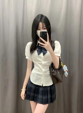 学姐修身校园短袖衬衣格裙套装