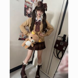原创jk制服秋冬学院风甜美棕色针织衫外套叠穿焦糖可颂jk格裙套装