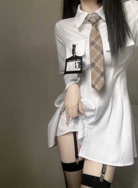 纯欲风白色长袖衬衫连衣裙女2025新款春季设计感收腰显瘦A字短裙