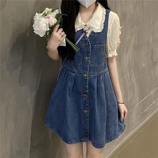 无袖 上衣 两件套装 显瘦A字牛仔背心裙女 花边娃娃领复古泡泡袖