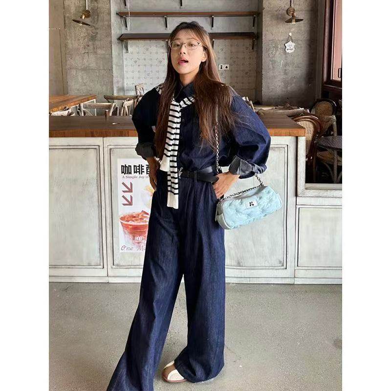 简约通勤polo领长袖衬衫套装女早秋外搭条纹披肩高腰阔腿牛仔长裤,女装/女士精品,时尚套装,淘宝优惠券,粉丝福利购,淘宝优惠卷