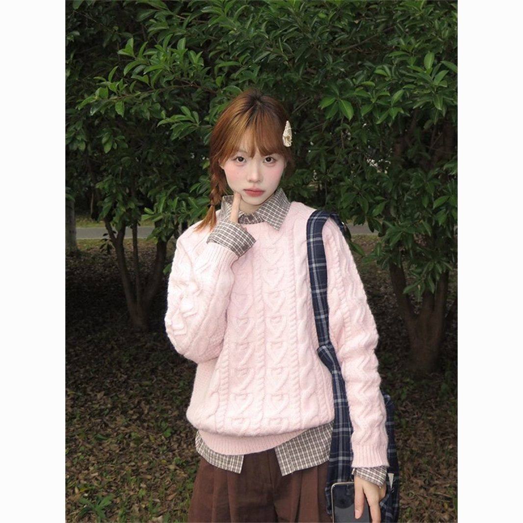 韩系温柔甜妹粉色麻花针织圆领毛衣女内搭格纹POLO领衬衫两件套装,女装/女士精品,时尚套装,淘宝优惠券,粉丝福利购,淘宝优惠卷