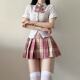 纯欲收腰衬衫 jk制服裙粉格套装 学生学院校供感衬衣百褶裙两件套女