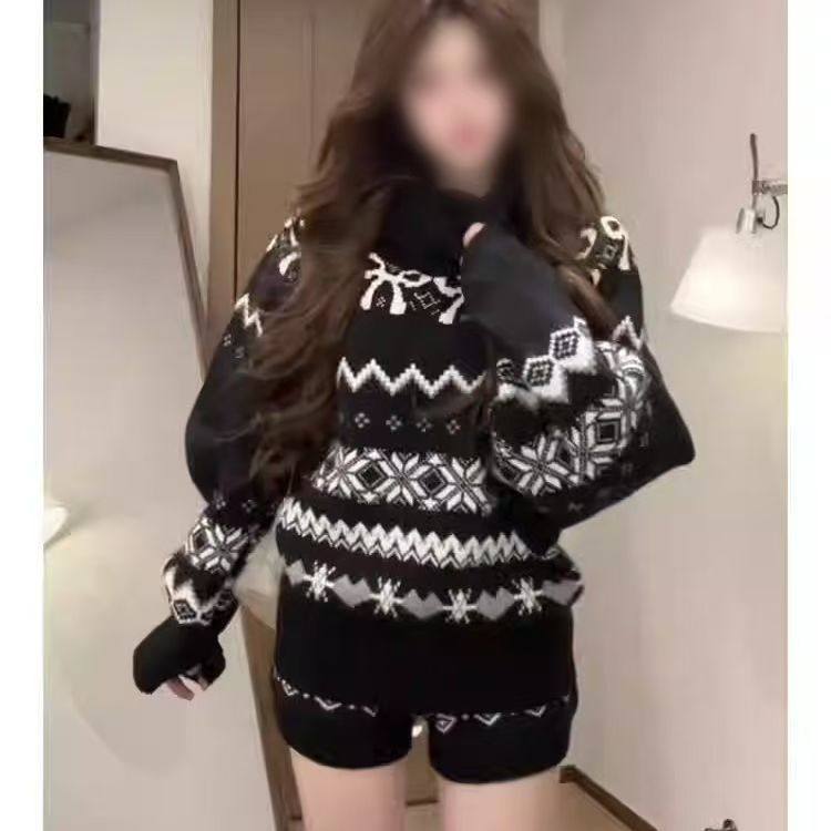 费尔岛毛衣套装女秋冬季巨好看黑色加厚高领上衣针织短裤子一整套,女装/女士精品,时尚套装,淘宝优惠券,粉丝福利购,淘宝优惠卷