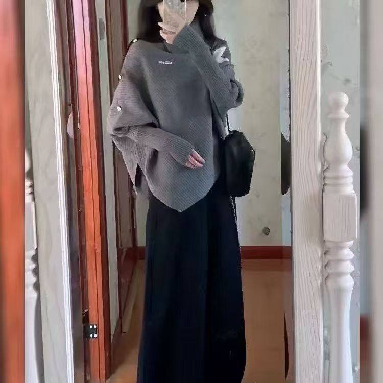 灰色不规则斗篷高领套头毛衣女秋冬季韩系高级感慵懒风针织衫上衣