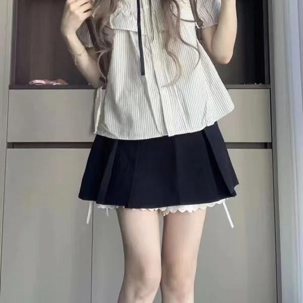 甜美小个子显瘦收腰花边条纹衬衫