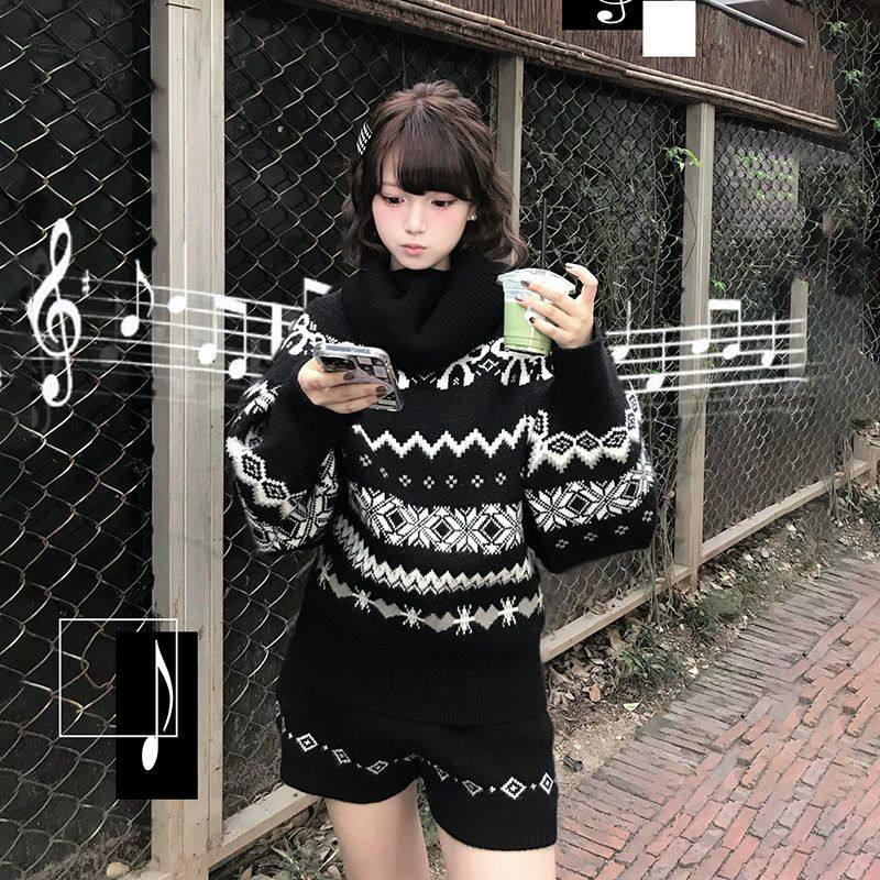 日系氛围感轻亚复古宽松小众高领费尔岛毛衣女冬季针织短裤两件套,女装/女士精品,时尚套装,淘宝优惠券,粉丝福利购,淘宝优惠卷