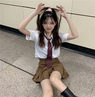 咖色jk百褶裙女夏季 小个子高腰半身裙英伦学院风衬衫 马甲短裙套装