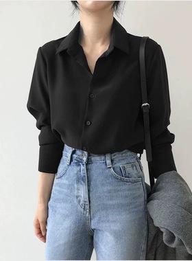 黑色雪纺衬衫女宽松polo领长袖上衣职业OL纯色港味打底气质衬衣女