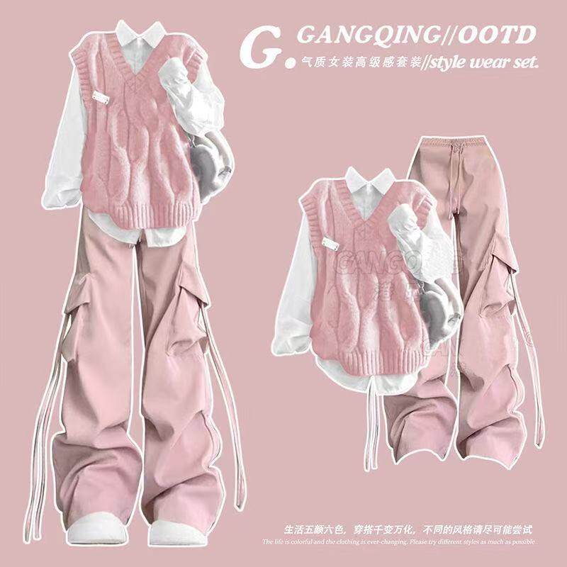 初中女生秋装衬衫叠穿毛衣马甲背心两件套装少女衣服春秋针织上衣