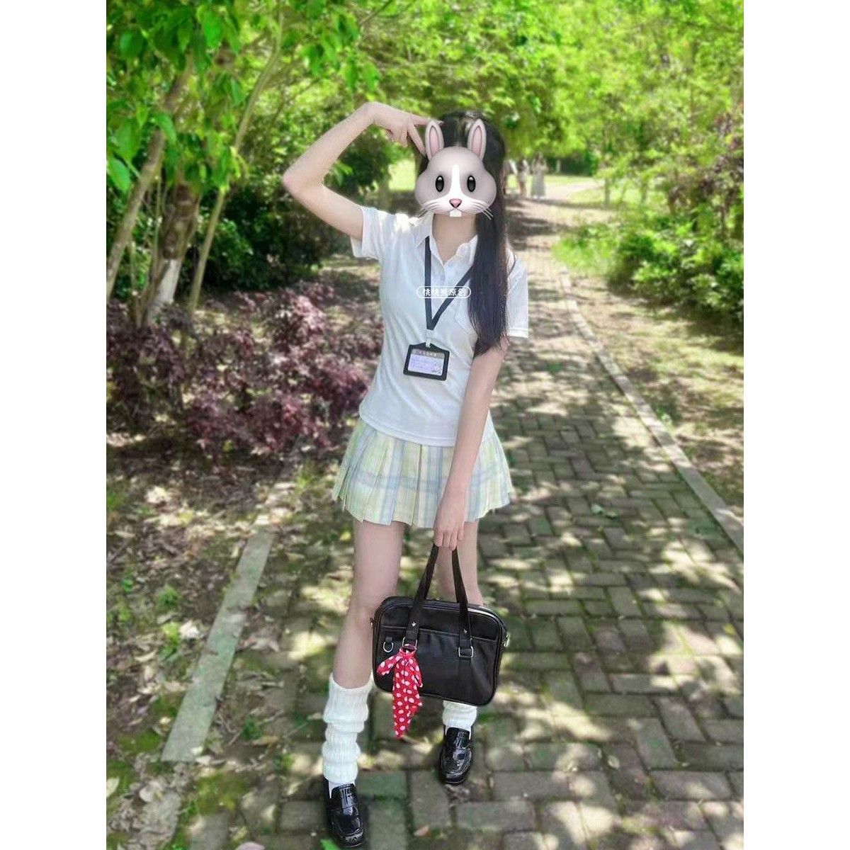 日系JK制服白色修身Polo衫搭配柚月格裙夏季学院风穿搭清新套装女