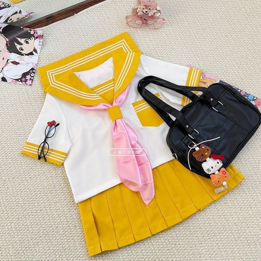 原创日系黄色夏季新款正统三本JK制服短袖中间学院水手服软妹套装