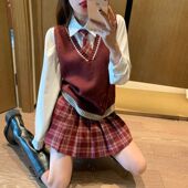 学院风三件套裙装 英伦风日系校服女 马甲jk制服春季 格子百褶裙套装