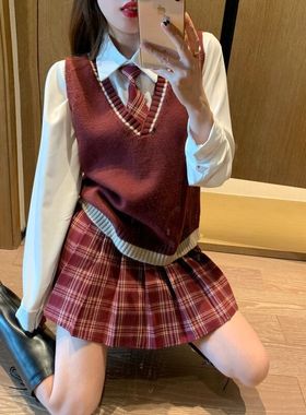 学院风三件套裙装马甲jk制服春季格子百褶裙套装英伦风日系校服女