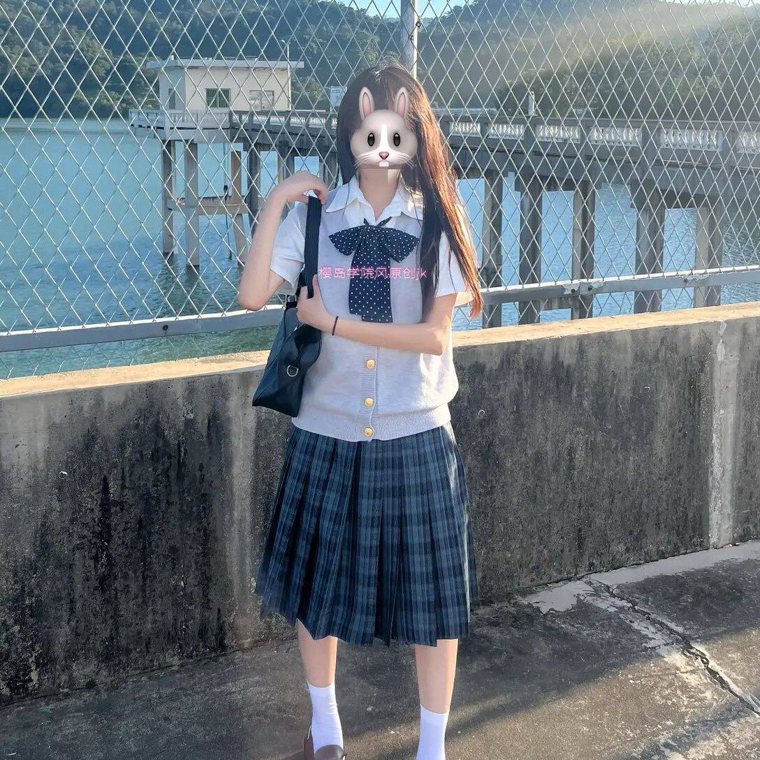 原创jk制服纯色开衫背心马甲JK日系短袖学院海苔中裙针织衫套装女