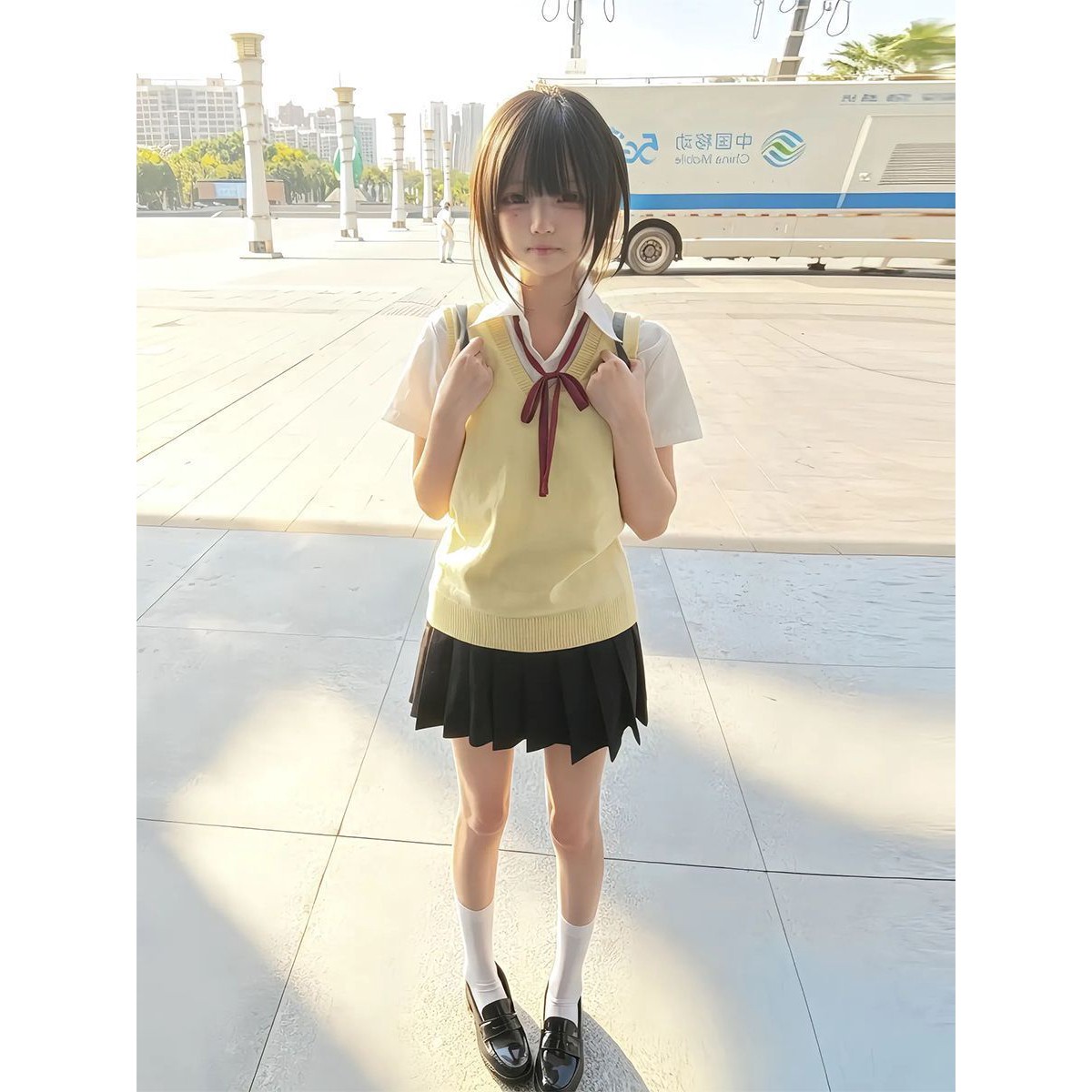 日系动漫感穿搭樱花妹JK制服嫩黄色针织背心基础衬衣女百褶裙套装