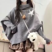 针织衫 灰色高领斗篷上衣女新款 设计感小众慵懒风不规则长袖 毛衣秋