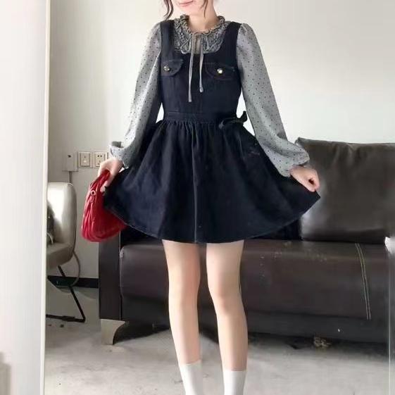 韩版甜美复古蝴蝶结系带牛仔背带连衣裙女学生+波点衬衫两件套装