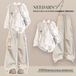 韩系慵懒chic早秋减龄一整套穿搭学院风高级感巨好看的工装裤套装