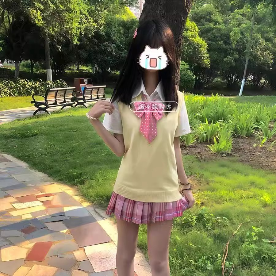 学院风原创JK制服针织衫软妹黄色背心无袖马甲毛衣百褶裙套装