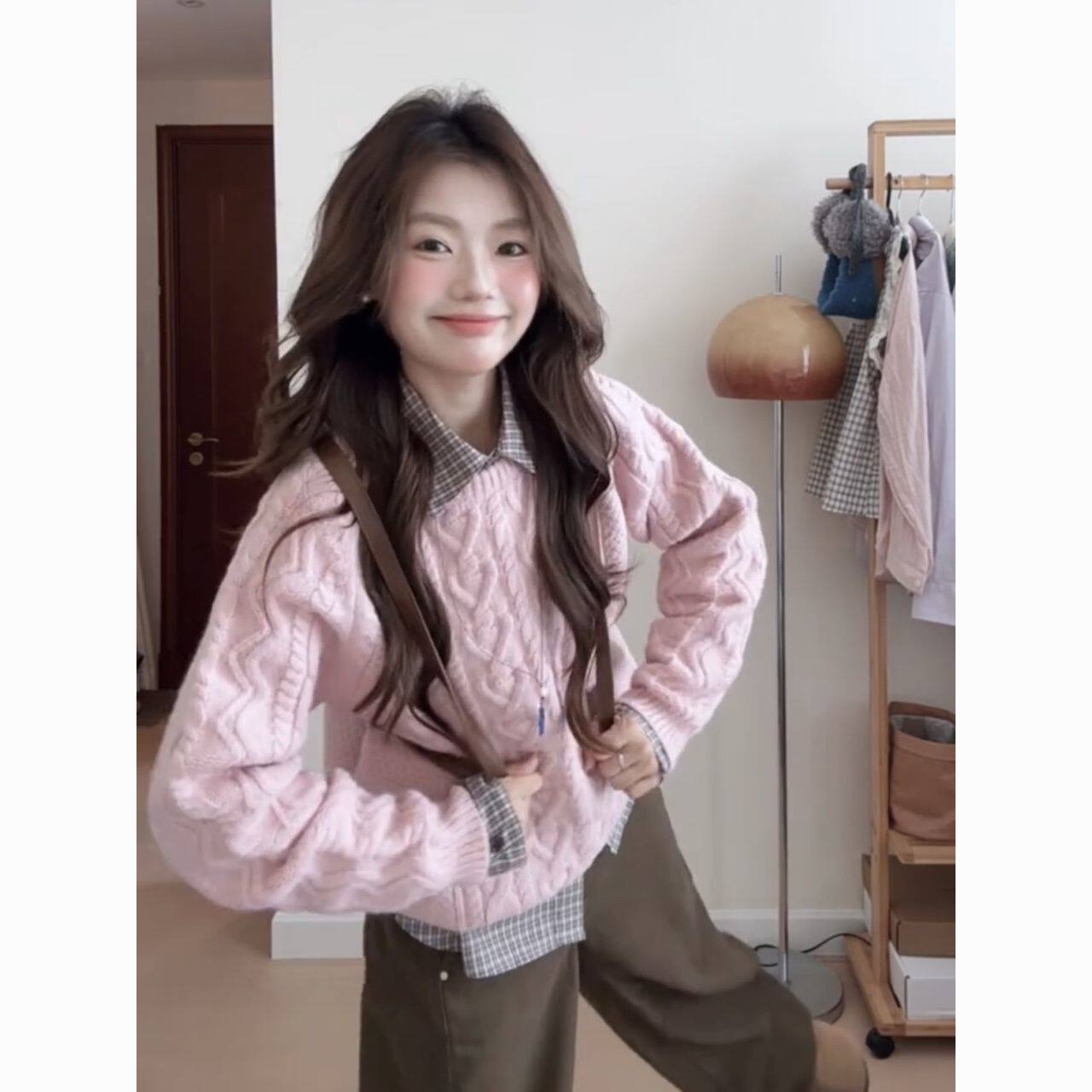 韩系甜美粉色麻花针织衫毛衣女2025春秋新款软糯宽松圆领套头上衣