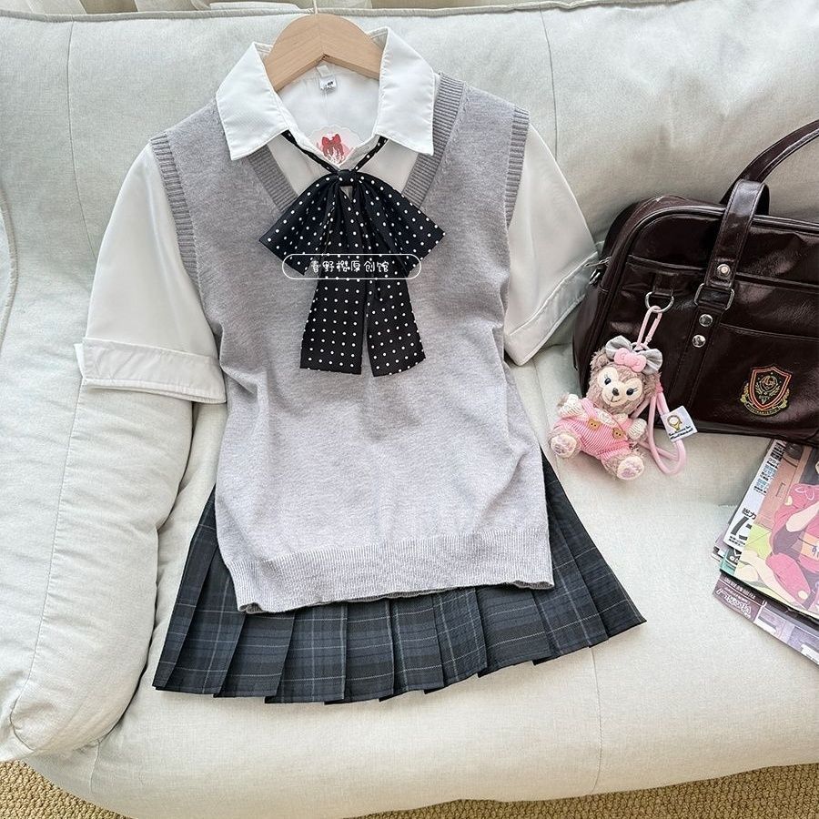 原创JK制服套装学院针织薄款马甲背心日系简约衬衫校供格裙夏季女