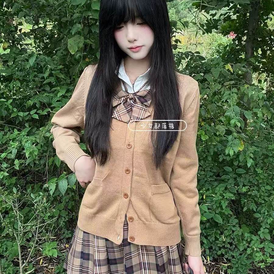 原创日系学院风软妹JK针织衫开衫长袖毛衣搭配棕格百褶裙套装女