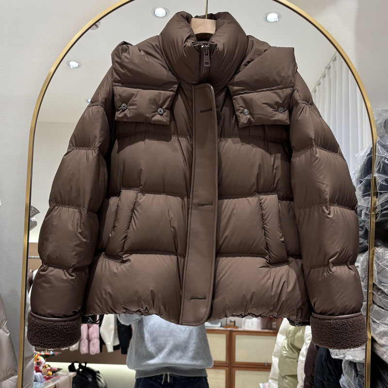 袖口拼接短款连帽羽绒服女外套冬