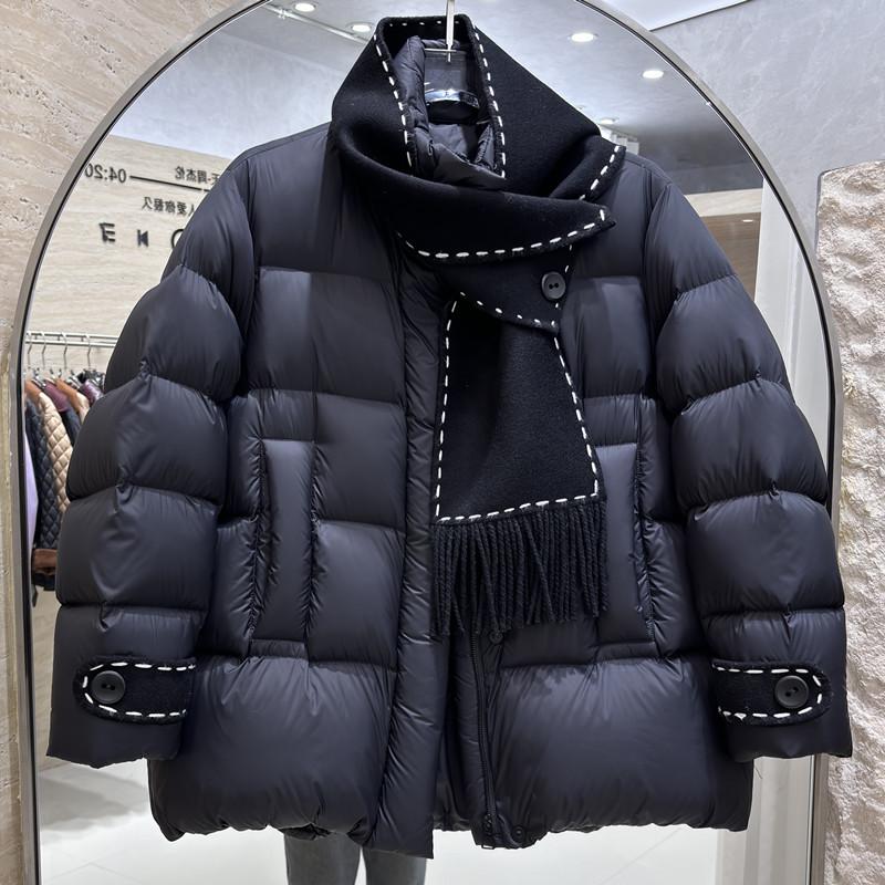 欧货泡芙感羽绒服女2024冬季新款中长韩版宽松鸭绒加厚外套带围巾
