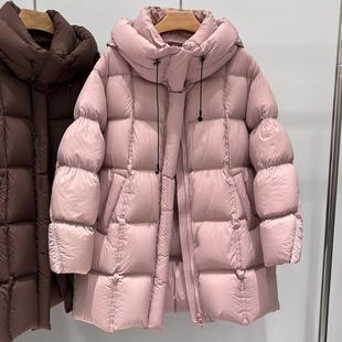 2024冬季新款高档时尚显瘦泡芙中长款连帽保暖羽绒服女士外套90绒