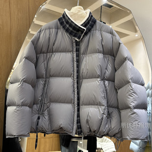 韩版加厚羽绒服女拼接撞色毛绒方格领2025冬新款宽松休闲御寒外套