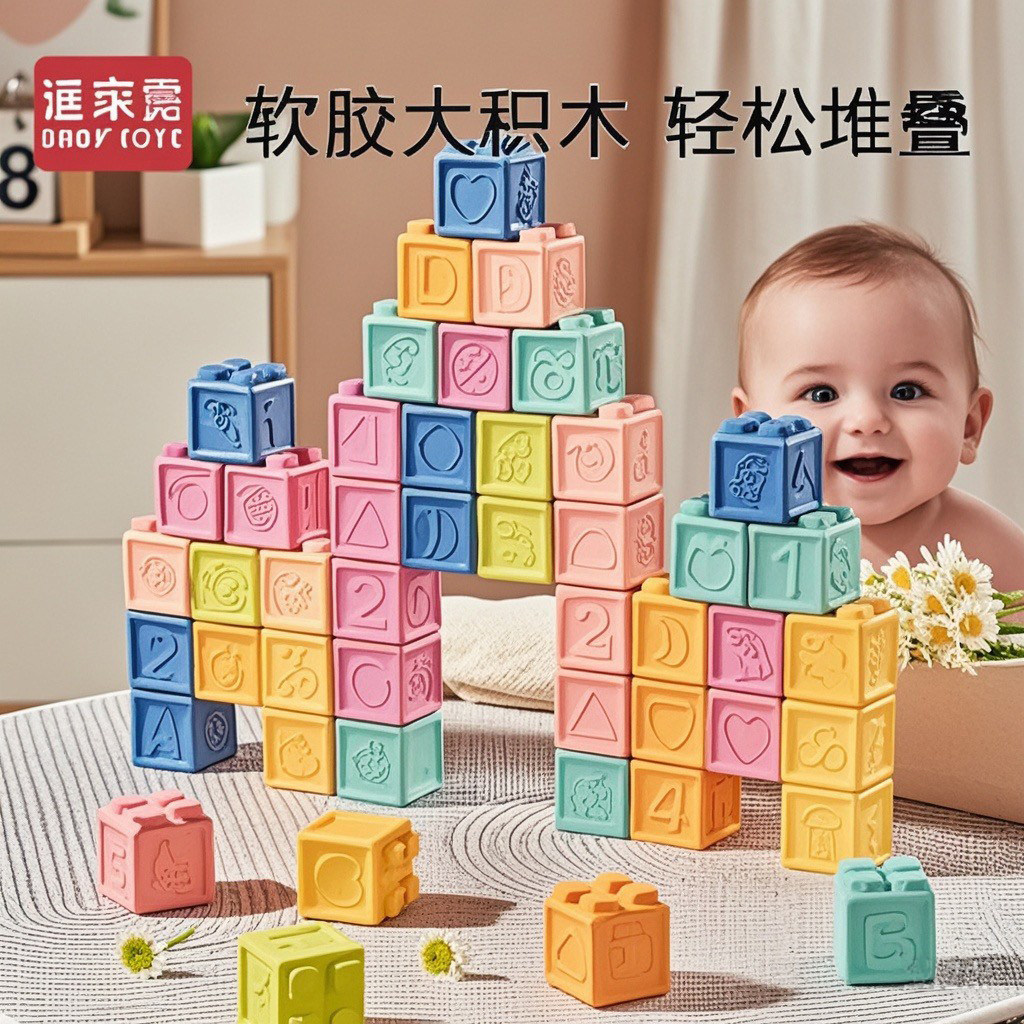 婴儿可啃咬积木玩具0-2岁安全无毒早教益智互动感官刺激可水洗