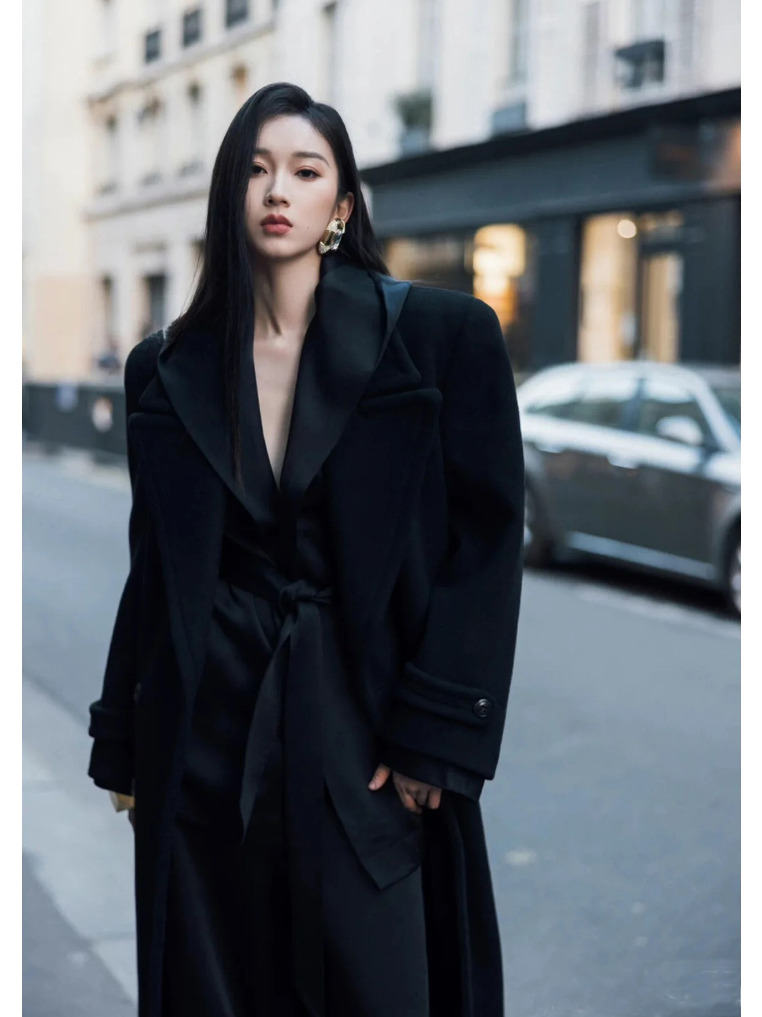 刘令姿同款黑色加厚加长版宽肩双面单做毛呢杨树林100澳毛大衣女