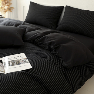 摩登男士 床上四件套纯棉黑色条纹被套床单水洗全棉人字纹床笠床品