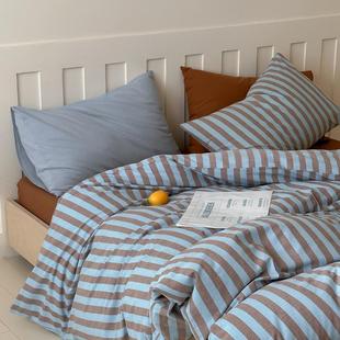 INS博主风床上四件套全棉色织条纹被套床单北欧简约纯棉床笠床品