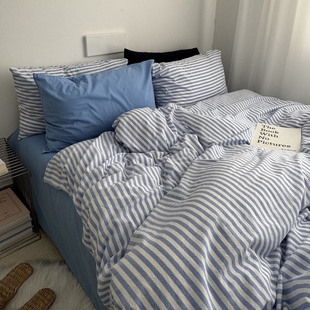 圣托里尼的海丨蓝色条纹床上四件套纯棉被套床单简约水洗全棉床品
