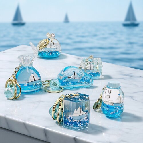 海洋帆船水晶漂浮瓶情侣钥匙扣