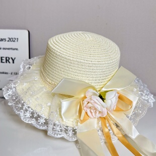 蕾丝系带蝴蝶结草帽女户外大檐防晒遮阳帽海边出游度假太阳帽 夏季