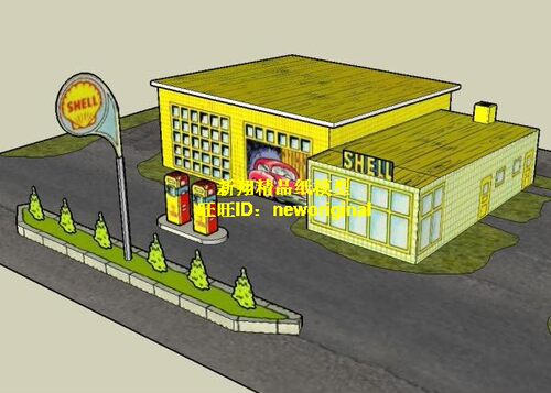 壳牌 汽车展示厅 加油站 城市街道 汽车停车场 道路 建筑场景模型