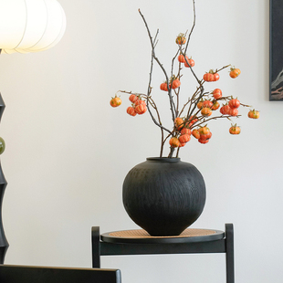 日式中式侘寂风意境大圆肚釉黑色粗陶罐陶瓷花器民宿酒店装饰摆件