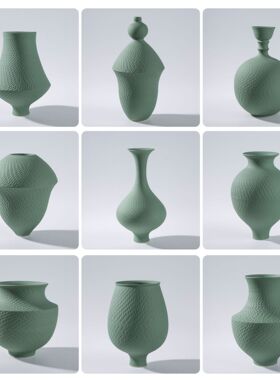 现代新中式哑光孔雀绿色跳刀纹艺术陶瓷罐花瓶九件装饰品花器摆件