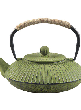 中式日式禅意茶室装饰摆件竖条纹铜绿色扁伞形手工艺术提梁铸铁壶