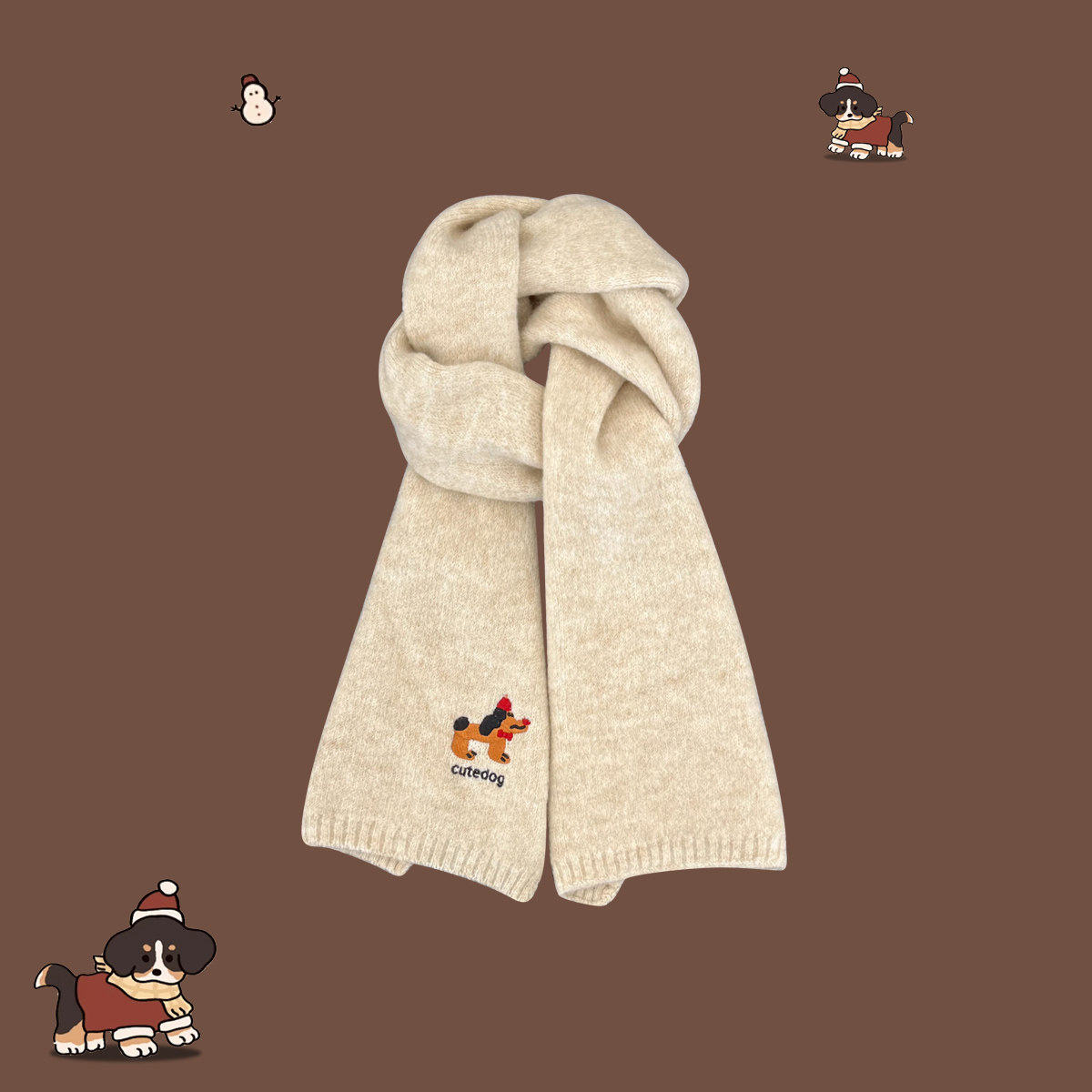 围巾女款2025新款冬季日系可爱小狗刺绣针织毛线学生百搭时尚围脖