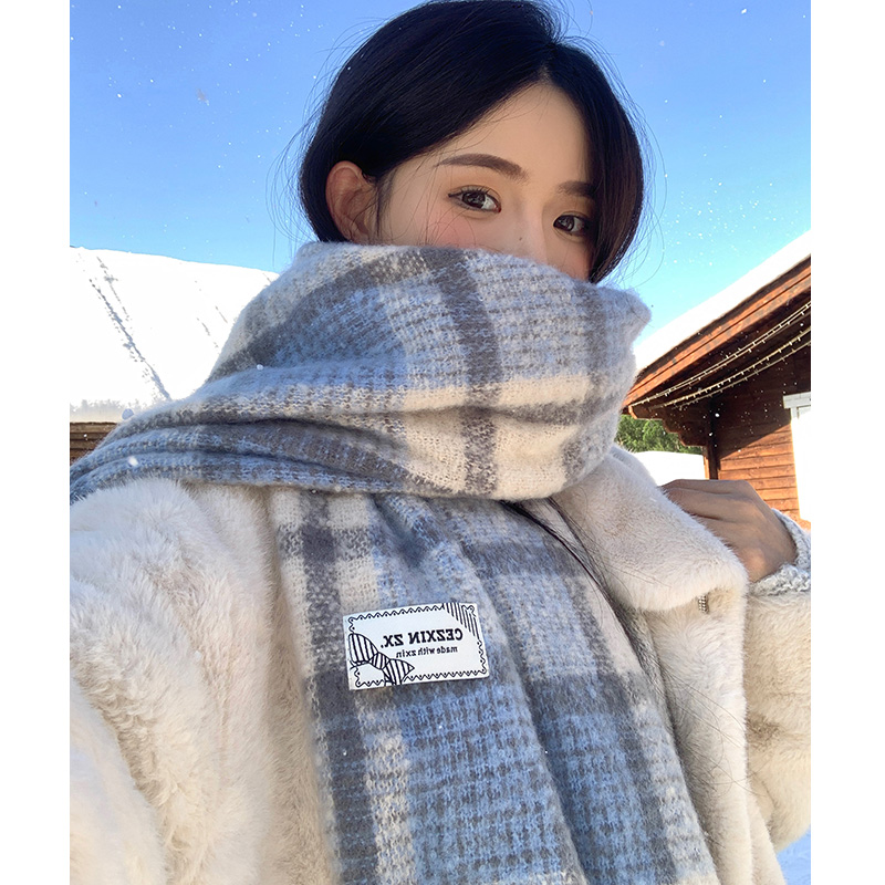 蓝色围巾女冬季2025新款韩系百搭