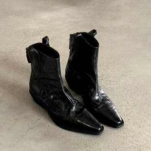 牛皮版 真皮复古褶皱方头西部牛仔靴子中筒骑士靴女粗跟马丁百搭