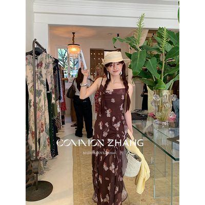 CZ ZHANG春印花抽褶吊带连衣裙女纯欲风收腰包臀开叉长裙 C16603