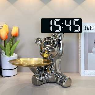 客厅托盘钥匙收纳暴力熊表钟小闹钟桌面电子数字时钟摆件摆台式